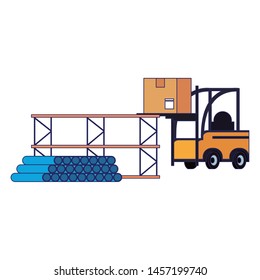 Forklift loading box and shelf with pvc pipes vector illustration