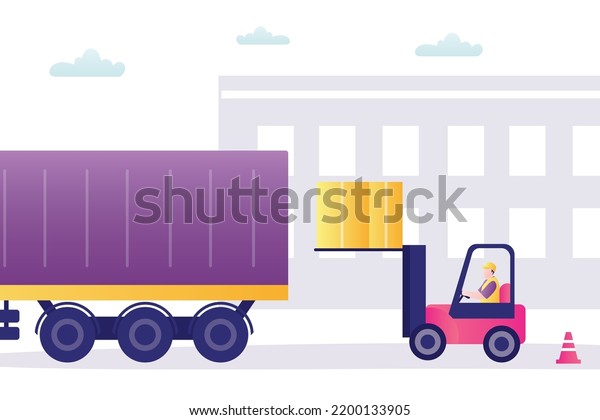 Forklift loading boxes into container. Semi truck
ready to go. Worker man operates loader. Delivery of goods to
stores or consumers. Industrial design with transport. Shipment,
logistic. Flat vector
