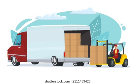 Un elevador de horquilla está cargando cajas en un camión. Un cargador eléctrico carga las cajas en un vehículo de entrega. Transporte logístico de mercancías. Dibujo vectorial plano de dibujos animados aislado en blanco.