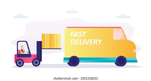 Forklift loading boxes into truck. Van ready to go. Worker man operates loader. Delivery of goods to stores or consumers. Industrial design with transport. Shipment, logistic. Flat vector illustration