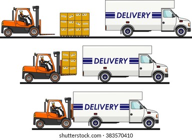 Forklift loading boxes into a truck, van isolated on white background in flat style.