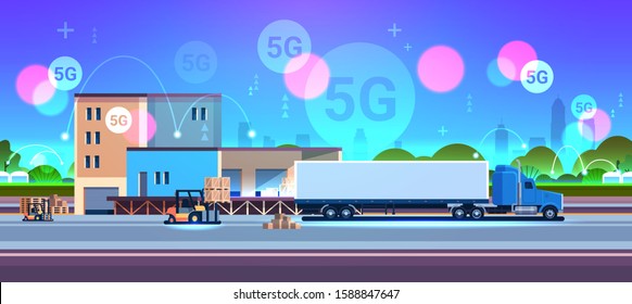 Forklift loading cardboard boxes on pallet in semi truck trailer delivery concept 5G online wireless system connection warehouse building exterior flat horizontal vector illustration