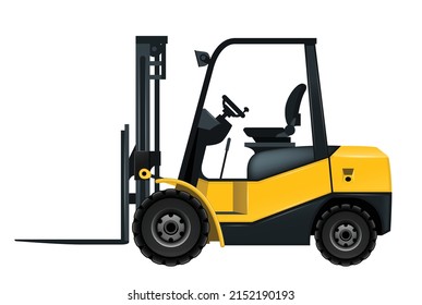 Forklift loading cargo pallet shipment at warehouse, freight industry warehouse logistics transport, side view of cargo loader, vector