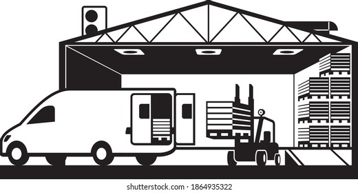 Forklift loading cargo van with pallets in warehouse – vector illustration