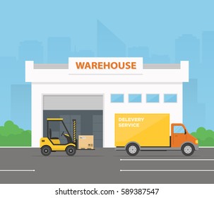 Forklift is loading cargo from warehouse to truck. Delivery service. Logistics center. Vector illustration in flat style.
