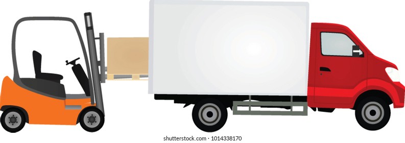 Forklift loading container to delivery truck. vector illustration