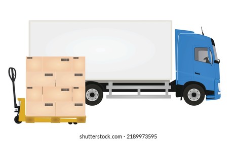 Forklift loading container to delivery truck. vector illustration