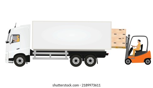 Contenedor de carga del elevador de horquilla al camión de entrega. ilustración vectorial