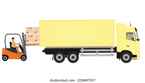 Forklift loading container to delivery truck. vector illustration
