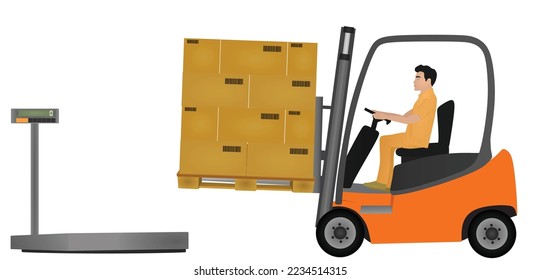 Contenedor de carga del elevador de horquilla al camión de entrega. ilustración vectorial