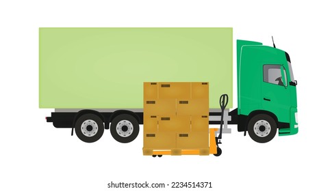 Forklift loading container to delivery truck. vector illustration