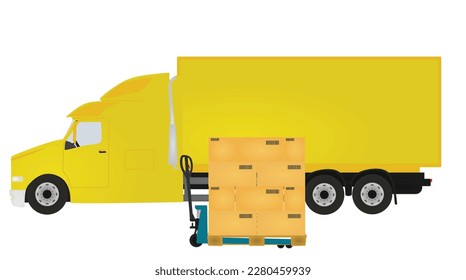 Forklift loading container to delivery truck. vector illustration