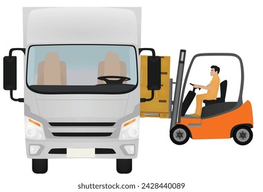 Forklift loading container to delivery truck. vector illustration