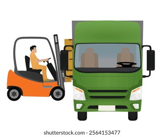 Forklift loading container to delivery truck. vector illustration