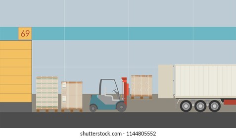 Forklift loading packages into a truck. Exporting a packed goods to be delivered from the warehouse. Vector illustration with transportation theme.