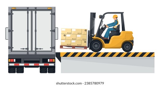 Forklift loading a pallet with boxes to a container truck at the loading and unloading dock. Forklift driving safety. Cargo and shipping logistics. Industrial storage and distribution of products
