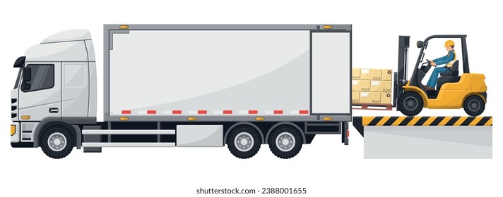 Forklift loading a pallet with boxes to a container truck at the loading and unloading dock. Forklift driving safety. Cargo and shipping logistics. Industrial storage and distribution of products
