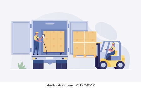 Forklift Loading Pallet Boxes Into Truck Stock Vector (Royalty Free ...