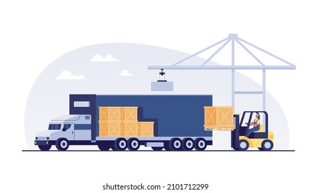 Forklift loading pallet boxes into truck. vector illustration