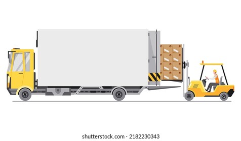 Forklift loading pallet boxes into truck in side view. Electric uploader loading cardboard boxes in delivery vehicle. Logistic and shipping cargo. Warehouse storage equipment. Delivery concept