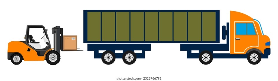 Forklift loading pallet boxes into truck. Logistics Concept. Vector illustration isolated on white background. eps10