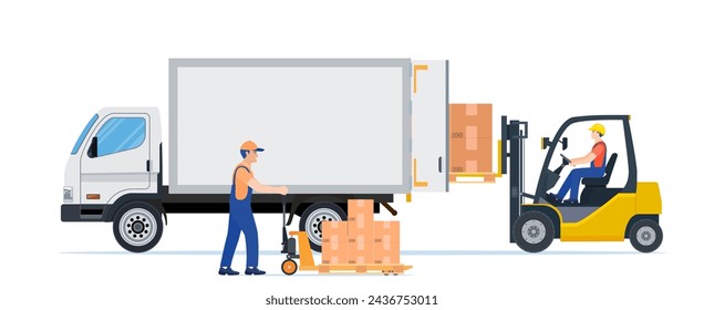 Forklift loading pallet boxes into truck. Warehouseman with checklist. Electric uploader loading cardboard boxes in delivery car. Logistic shipping cargo. Vector illustration in flat style