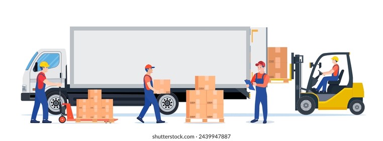 Forklift loading pallet boxes into truck. Warehouseman with checklist. Electric uploader loading cardboard boxes in delivery car. Logistic shipping cargo. Vector illustration in flat style