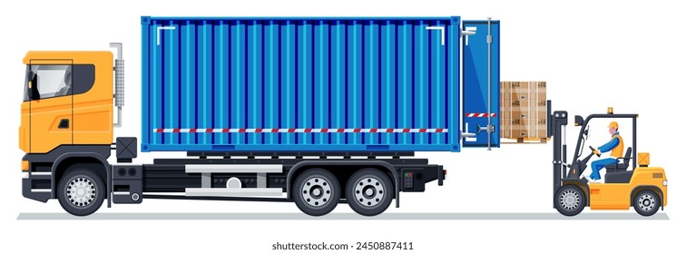 Forklift loading pallet boxes into truck. Warehouseman with checklist. Electric uploader loading cardboard boxes in delivery car. Logistic shipping cargo. Storage equipment. Flat vector illustration