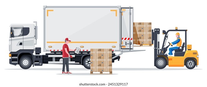 Forklift loading pallet boxes into truck. Warehouseman with checklist. Electric uploader loading cardboard boxes in delivery car. Logistic shipping cargo. Storage equipment. Flat vector illustration