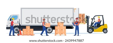 Forklift loading pallet boxes into truck. Warehouseman with checklist. Electric uploader loading cardboard boxes in delivery car. Logistic shipping cargo. Vector illustration in flat style