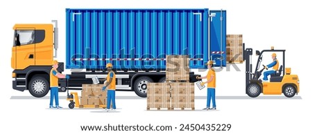 Forklift loading pallet boxes into truck. Warehouseman with checklist. Electric uploader loading cardboard boxes in delivery car. Logistic shipping cargo. Storage equipment. Flat vector illustration