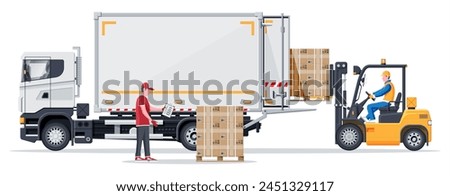 Forklift loading pallet boxes into truck. Warehouseman with checklist. Electric uploader loading cardboard boxes in delivery car. Logistic shipping cargo. Storage equipment. Flat vector illustration