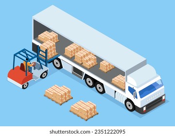 Carga de las cajas de paletas de elevación de horquilla desde el almacén al camión. Isometric Vector ilustración eps10