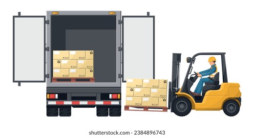 Forklift loading pallet of stacked boxes to a container truck. Fork lift truck driving safety. Security First. Cargo and shipping logistics. Industrial storage and distribution of products
