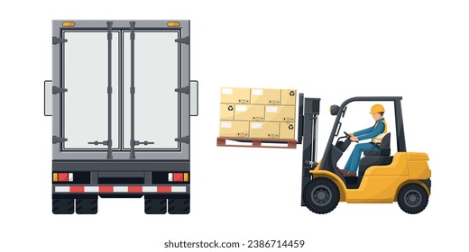 Forklift loading pallet of stacked boxes to a container truck. Fork lift truck driving safety. Security First. Cargo and shipping logistics. Industrial storage and distribution of products
