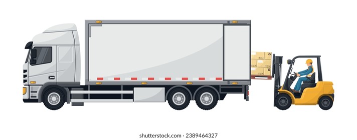 Forklift loading pallet of stacked boxes to a container truck. Forklift driving safety. Security First. Cargo and shipping logistics. Industrial storage and distribution of products
