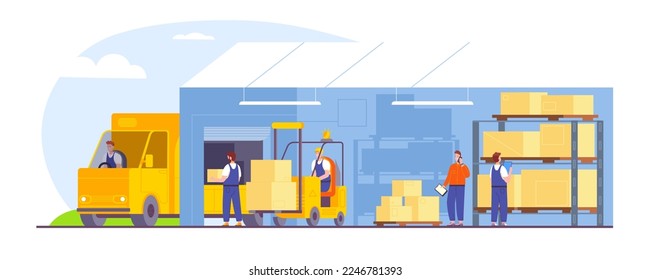 Forklift loading pallet in truck. Warehouse loading power lift driver, lorry center cargo delivery distribution logistic loaded car on storage platform vector illustration of warehouse and forklift