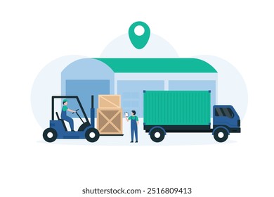 Forklift Loading Pallets in a Busy Distribution Center. Illustration