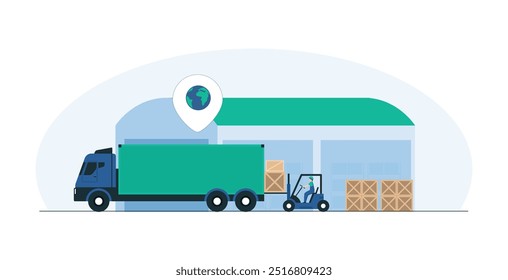 Empilhadeira carregando paletes em um ônibus em um centro de distribuição. Manuseio Eficiente de Materiais para Operações de Logística, Cadeia de Suprimento e Distribuição com Transporte de Palete. Ilustração