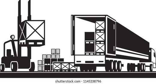 Forklift loading pallets in a truck - vector illustration