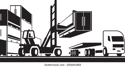Forklift loading tractor truck with container - vector illustration