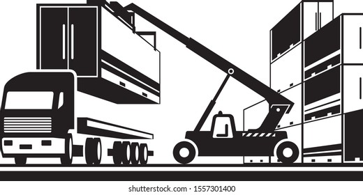 Forklift loading truck with cargo container - vector illustration