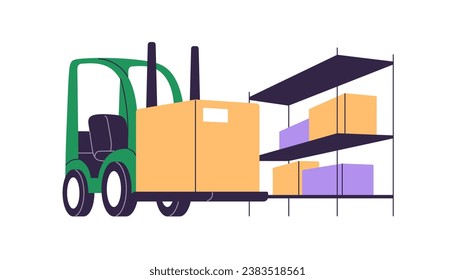 Forklift loading, unloading box package on warehouse shelves. Cargo storage, stockroom. Cardboard stored in storehouse, lifter and loader machine. Flat vector illustration isolated on white background