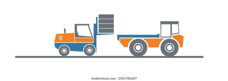 Forklift  loading and unloading heavy items cargo into truck or warehouse. Powered Industrial truck. Moving goods around warehouse. Color Isolated flat vector illustration.