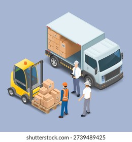Forklift loads cardboard boxes into a cargo van. Workers are standing nearby. Freight transportation. Isometric view isolated on a white background. Vector illustration.