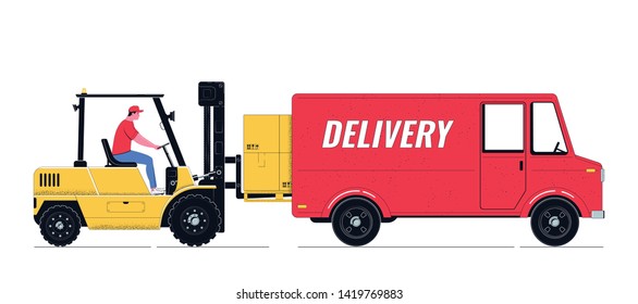 The forklift loads the pallet with boxes in the delivery track. Forklift and delivery car isolated on white background. Vector illustration
