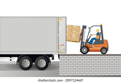 A forklift loads pallets with cardboard boxes into a truck. Storage, sorting and delivery. Storage equipment. Flat vector illustration.