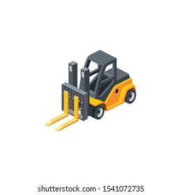 Forklift logistics. Vector 3d isometric, color web icon, new flat style. Creative illustration design, idea for infographics.