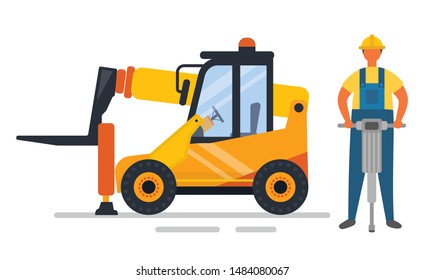 Forklift machine and drilling man, construction equipment. Worker character in helmet holding drill, engineering auto, transportation and roadwork. Vector illustration in flat cartoon style