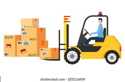 Forklift machine with man driver load and unload packages. Powered industrial truck used to lift and move containers on storehouse. Many cardboard boxes in warehouse. Vector illustration in flat style